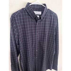 Mizzen+Main Mens Medium Trim Fit Dress Shirt Navy Blue Excellent Leeward Check